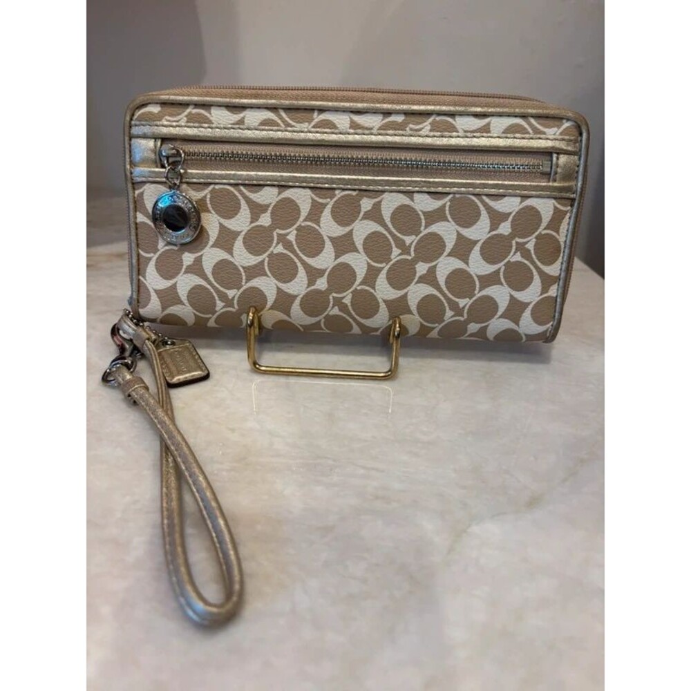 Coach Signature Canvas Double Zip Wristlet Wallet Khaki Gold Multi
